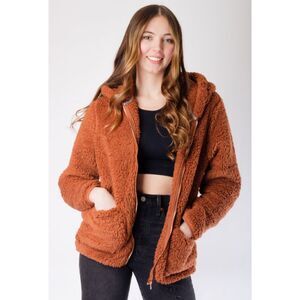Volcom Womens Lil Phuz Zip Up Jacket Small 4/6 Dark Clay Brown Sherpa Hoodie